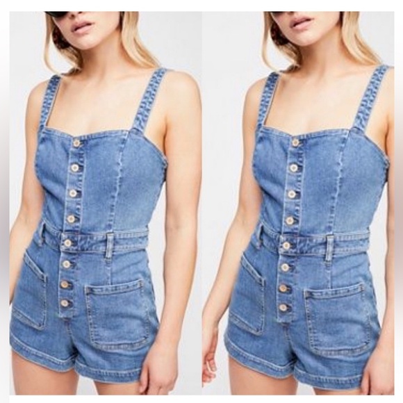 Free People Pants - Free People Lola Denim Romper Light Blue Size 6, Like New!